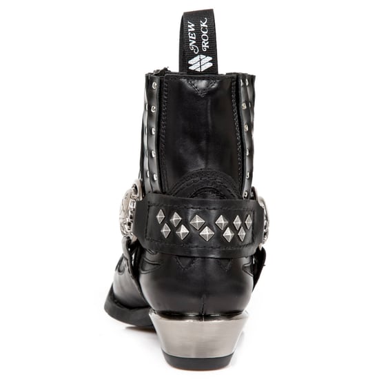 New Rock Studded Black Leather Western Biker Boots-7950-S1