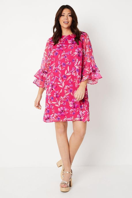 Curve Flute Sleeve Floral Shift Dress