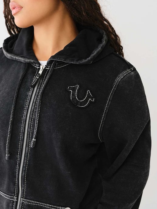 Washed Big T Boyfriend Zip Up Hoodie in Black