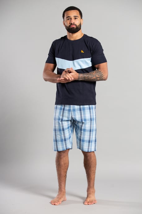 Dark Navy Cotton Loungewear Check Short And T-Shirt Set