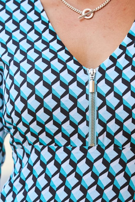 Blue Geometric Print Zip Detail Fit & Flare Dress