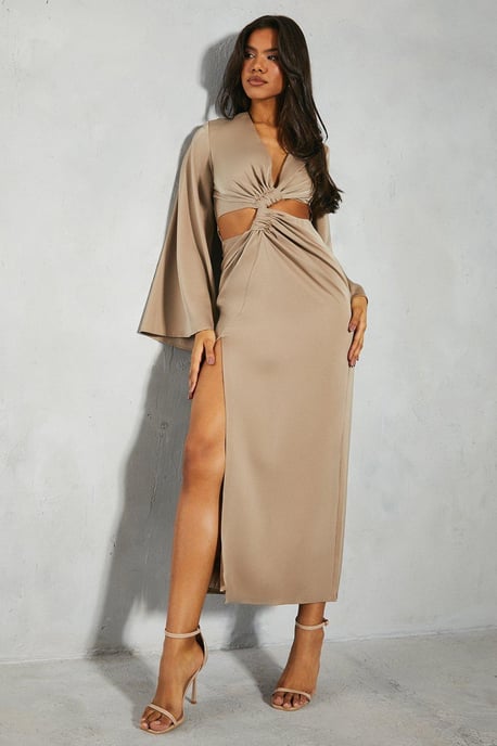 Satin Twist Cut Out Detail Split Leg Maxi Dress
