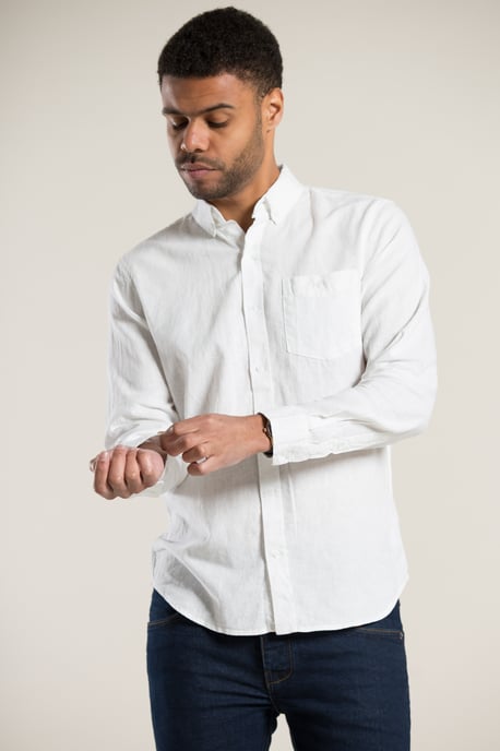 White Linen Blend Long Sleeve Button-Up Shirt With Chest Pocket - Image 1