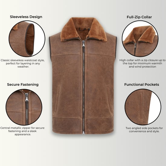 Mens Brown Aviator Shearling Bomber Gilet - Ambler