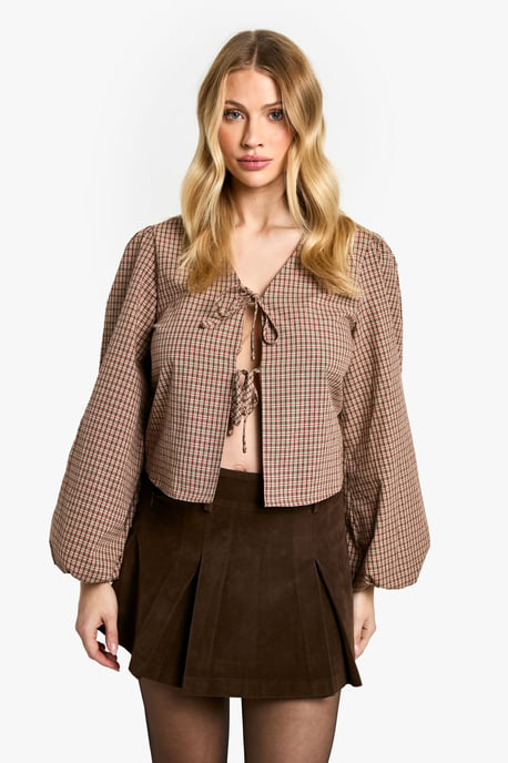 Maternity Woven Check Balloon Sleeve Tie Detail Top - Image 1