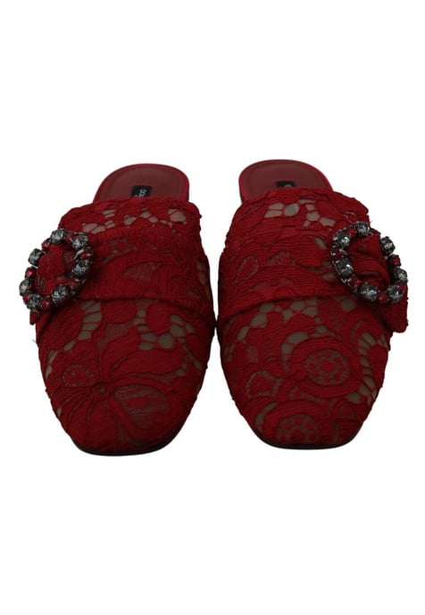 Dolce & Gabbana Women's Red Lace Crystal Slide On Flats Shoes
