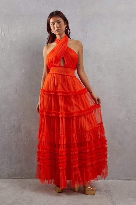 Tulle Halter Shirred Waist Tier Maxi Dress - Image 1