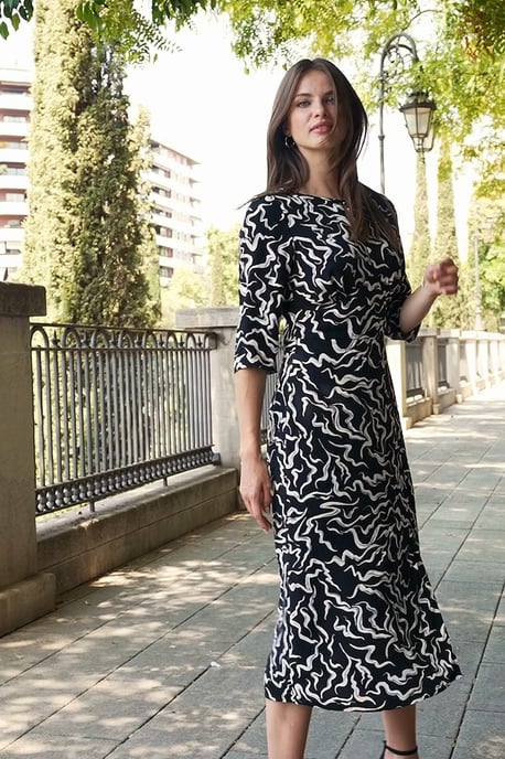 Black & White Abstract Print Midi Dress With Keyhole Detail