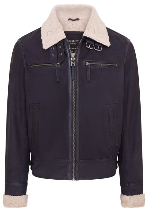 Mens Blue Real Sheep Suede Bomber Aviator Jacket - Sandnes