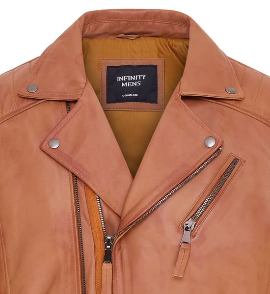Mens Tan Brando Double Cross Zip Leather Biker Jacket- Fagernes