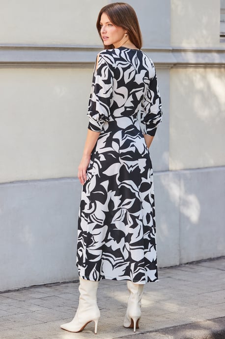 Black Floral Print Keyhole Detail Jersey Midi Dress