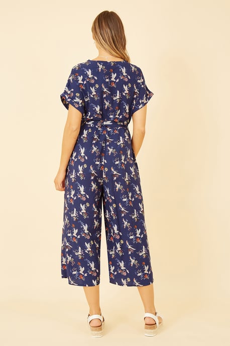 Navy Crane Print Culotte Jumpsuit