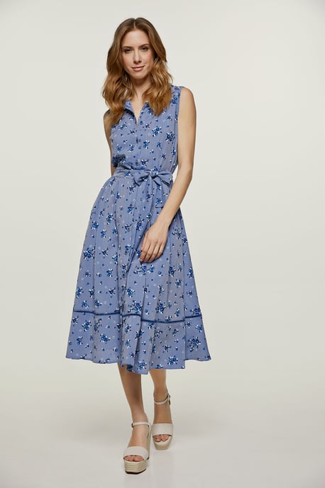 Indigo bloemen jurk met knoopdetail - Image 1