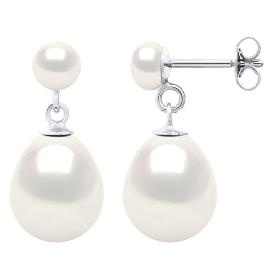 Double Earrings White Gold - Real Cultured Freshwater Pearls Button 5-6 mm + Pear 10-11 mm