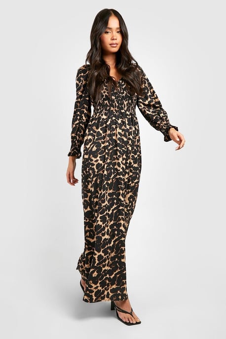 Petite Leopard Shirred Detail Maxi Dress - Image 3