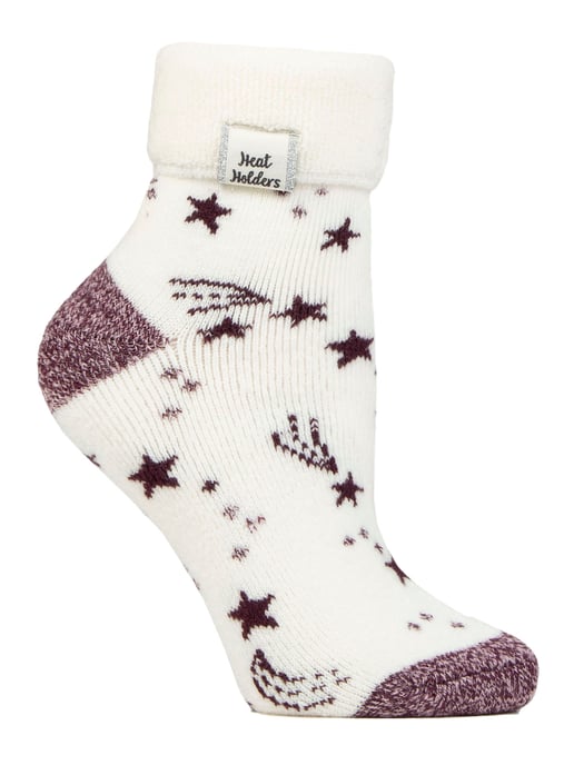 Dames Cozy Sokken met Omslagmanchet | Heat Holders | Warme Fluffy Lounge Sokken voor de Winter - Ivoor/Cabernet Sterren - Image 1