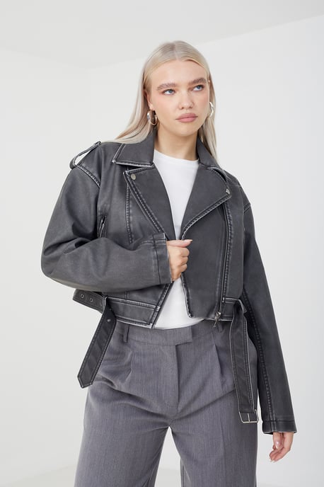 Black 'Vic' Faux Leather Cropped Biker Jacket