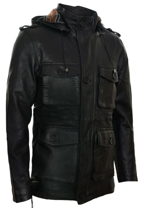 Hooded Trench Multi-Pocket Overcoat Leather Jacket