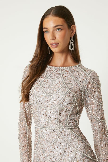 Pearl Detail Mini Dress With Long Sleeve