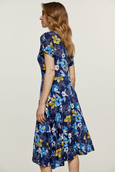 Print Navy Knot Detail Midi Dress