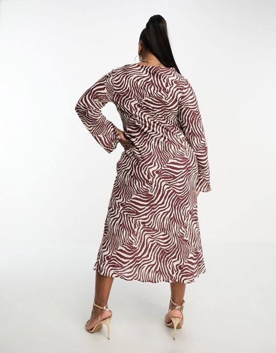 ASOS DESIGN Curve tie front long sleeve midi dress in zebra print-Multi