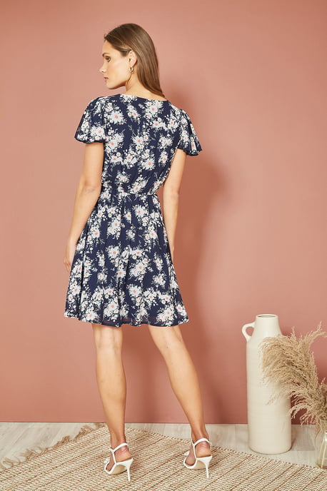 Navy Floral Blossom Print Skater Dress
