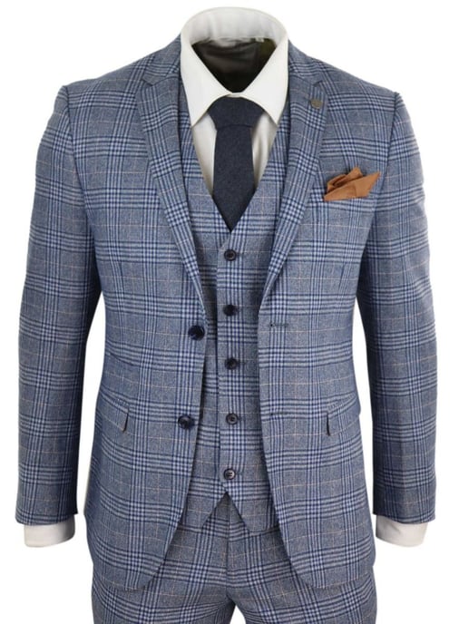 Heren 3-delige Blauw Grijze Tweed Check Vintage Retro Pak - Image 1