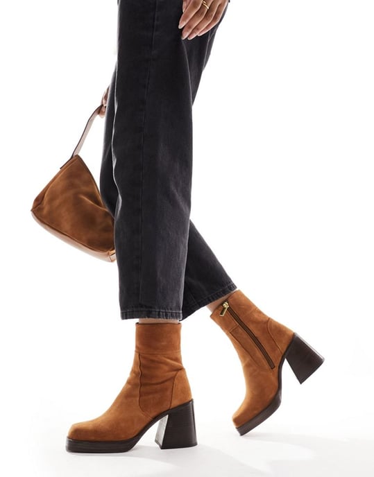 ASOS DESIGN Wide Fit Region suede mid-heel boots in tan-Brown