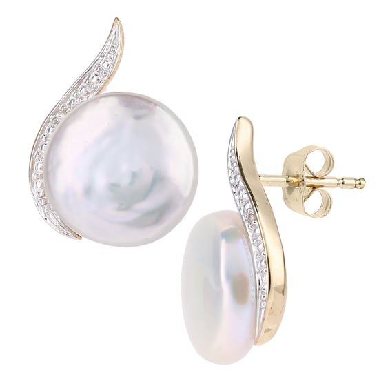 9ct geel goud, 0,01 ct diamanten met oorbellen met witte gekweekte parels - Image 2
