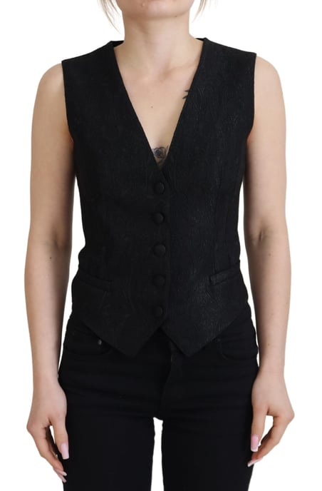 Dolce & Gabbana Dames Zwarte Brokaat Button-Down Mouwloze Vest Top - Image 1