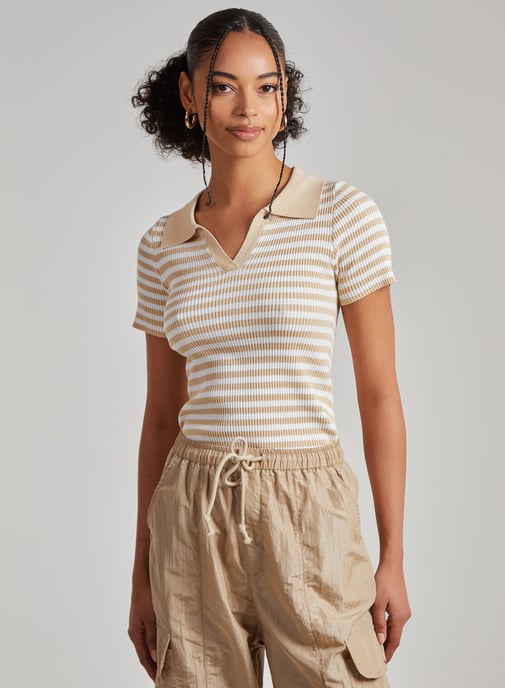 Collared Striped Knitted Polo Top