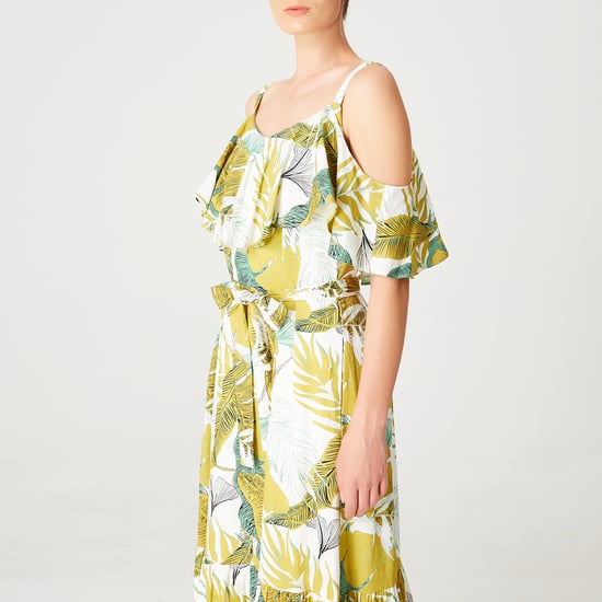 Tropical print trapeze dress with ruffles and thin straps