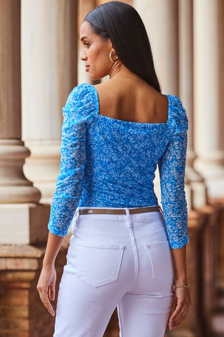 Blue & White Ditsy Floral Print Ruched Front Mesh Top