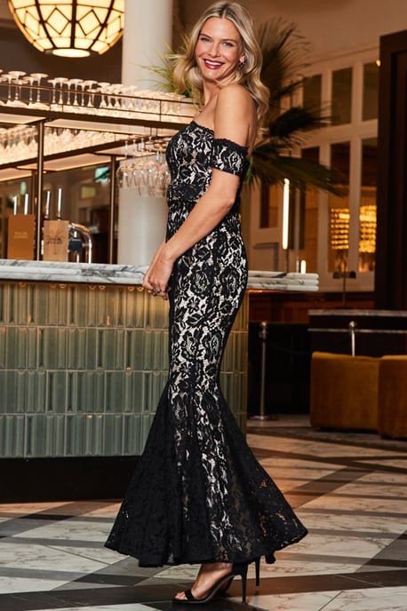 Black Premium Lace Bardot Fit & Flare Maxi Dress