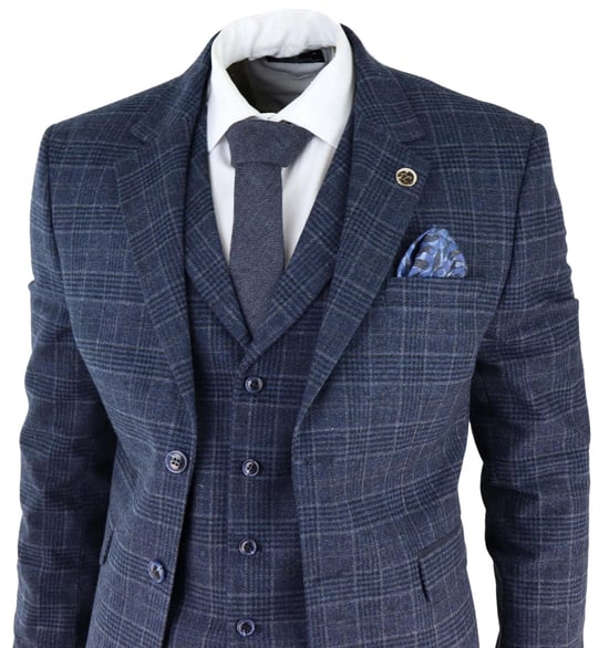 Heren Blauwe Ruit 3-delige Tweed Pak Peaky Blinders 1920s Gatsby Tailored Fit - Image 3