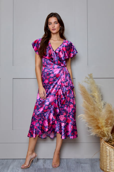 V Neck Floral Wrap Midi Dress in Multi