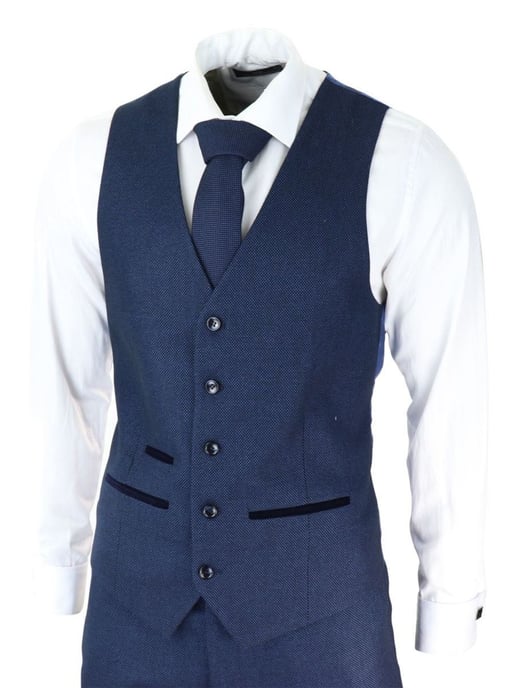 Heren 3-delige marineblauwe birdseye tweed klassieke pak - Image 4