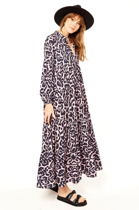 Pink Animal Print Tiered Maxi Dress