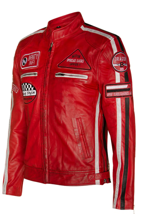 Leather racing biker motorcycle jacket with zipper