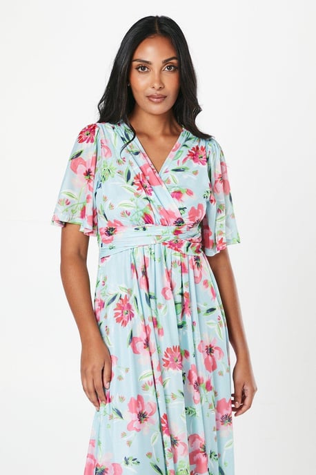 Petite Floral Mesh Twist Midi Dress