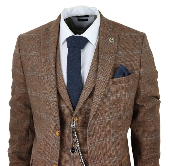 Heren 3-Piece Wollen Pak Eikenbruin Tweed Visgraat Ruit Peaky Blinders Gatsby - Image 3