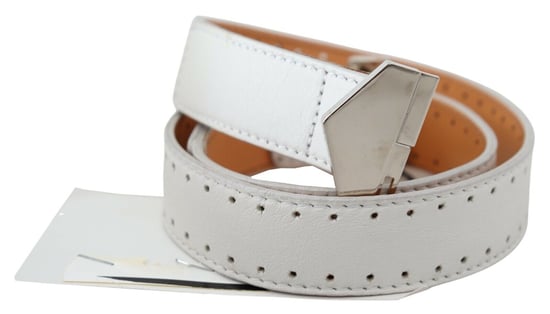 GF Ferre Women's White Leather Hexagon Logo Buckle Waist Belt