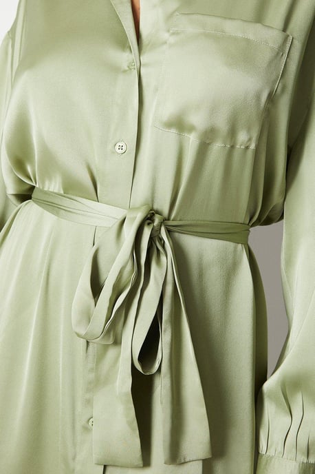 Satin Midi Belted Shirt Dress