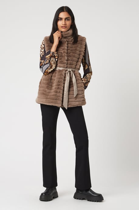Taupe Ribbed Faux Fur Gilet with Belt