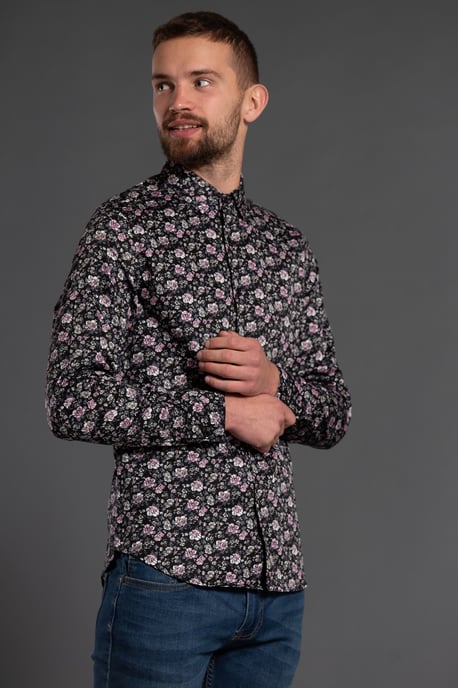 Black Cotton Floral Print Long Sleeve Shirt