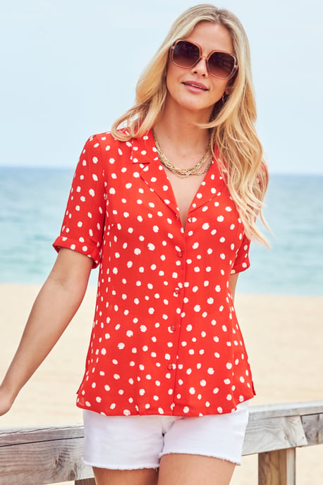 Red & White Spot Print Short Sleeve Relaxed Fit Shirt