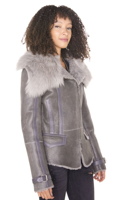 Womens Grey Toscana Shearling Flying Jacket-Teresina