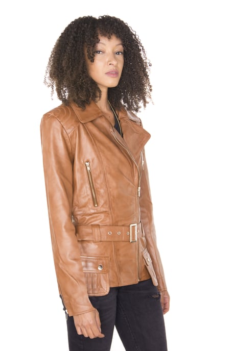 Womens Long Leather Biker Jacket-Quito