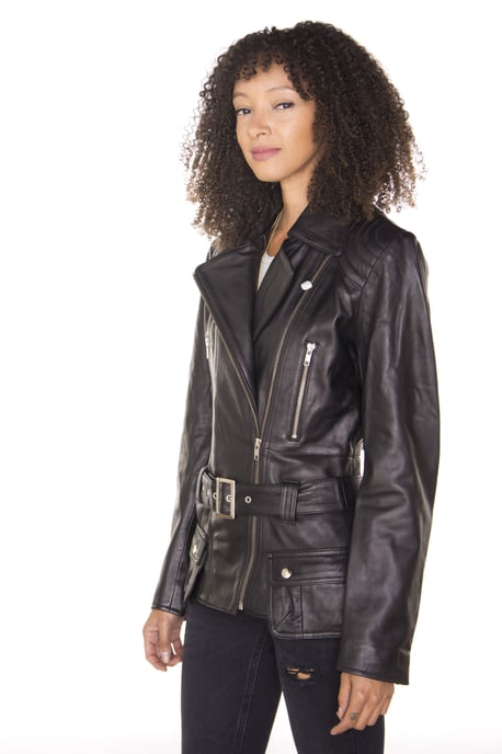 Womens Long Leather Biker Jacket-Quito
