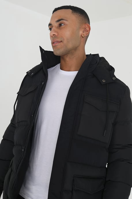Black 'Windsurf' Mixed Fabric Hooded Puffer Parka Jacket